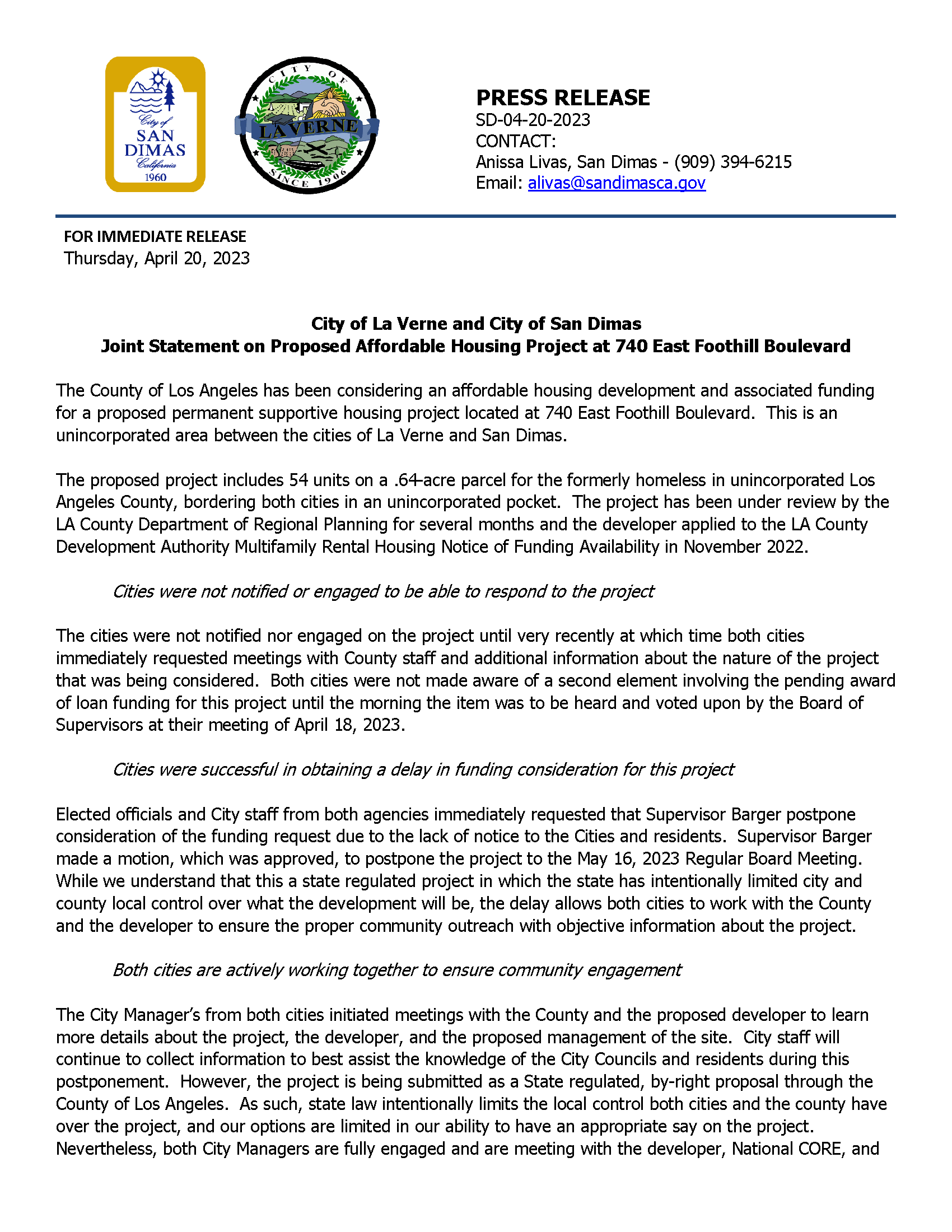 Press Release - SD and LV Joint Statement on 740 E Foothill Blvd_Page_1